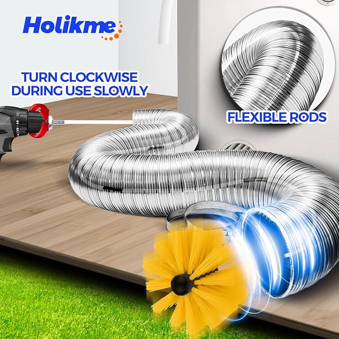 Holikme 30 Feet Dryer Vent Cleaner Kit,Flexible Lint Brush with Drill Attachment, Extends Up to 30 Feet for Easy Cleaning, Synthetic Brush Head, Use with or Without a Power Drill, Yellow