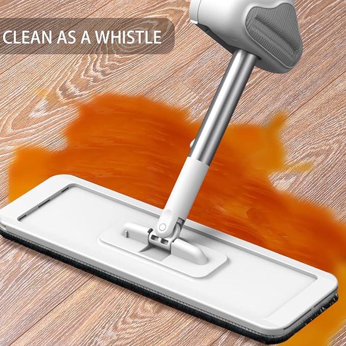 Mop and Bucket Set with Wringer, Flat Mops for Floor Cleaning, Wall Mop Cleaner with Long Handle, Hardwood Floor Mop with 6 Microfiber Pads (1 Mop + 6 Microfiber Pads + 1 Bucket)