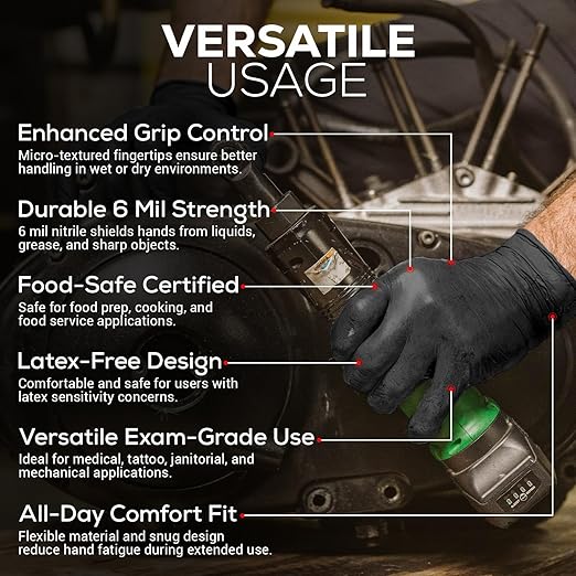 FIRST GLOVE Volt 6 Mil Black Nitrile Disposable Gloves - 200 Ct. XX-Large - Food Safe Heavy Duty Gloves for Cooking, Cleaning, Industrial & Food Service - Latex Free, Powder Free, Micro-Textured Grip
