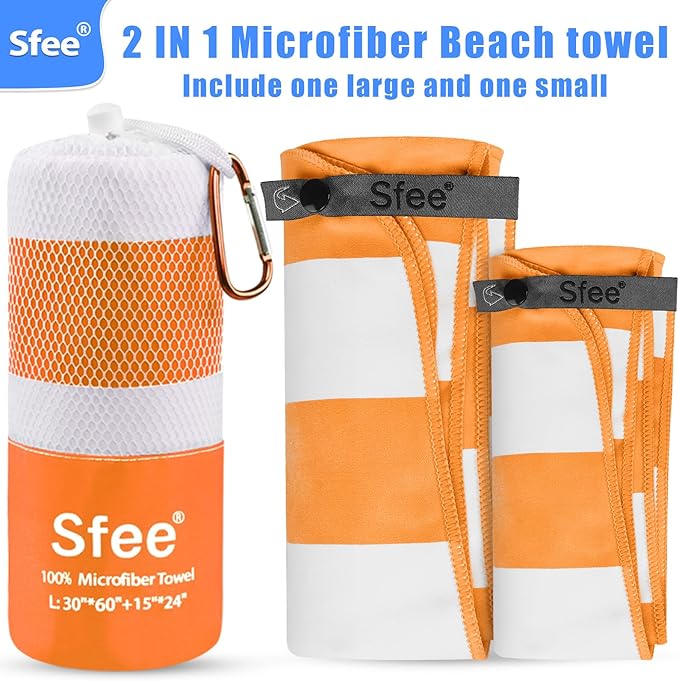 Sfee 2 in 1 Microfiber Beach Towel, Quick Dry Towel Camping Travel Towel Super Absorbent Compact Lightweight Sports Gym Towel Set for Beach, Gym, Hiking, Pool, Backpacking, Bath, Yoga