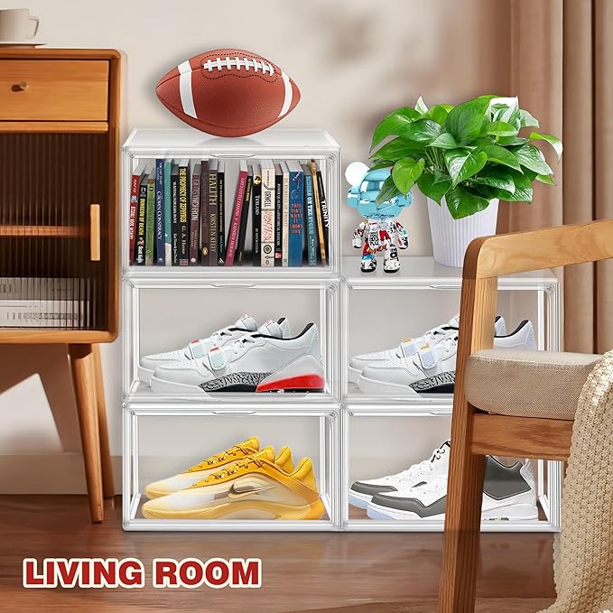 8 Pack Clear Shoe Boxes Shoe Organizer for Closet Size 12 Transparent Sneaker Display Case Stackable Storage Cubbies Grow Box with Magnetic Lid