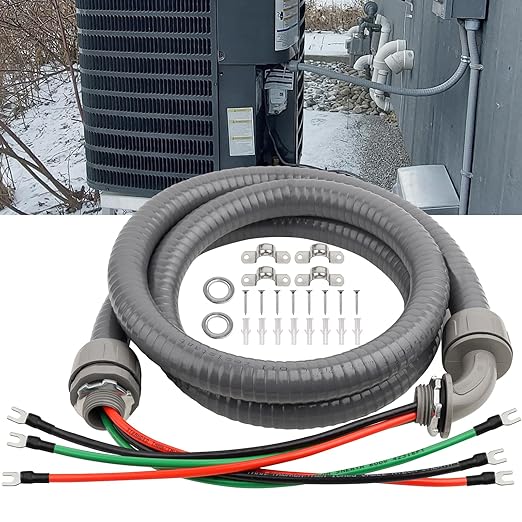 1/2Inch Power Whips Assembly, 6FT Nonmetallic Liquid Tight Flexible Conduit Wire with 3 Conductors 10 Gauge THHN Electrical Wires, A/C Hook-up Whip Kit Electrical Wire(6FTx1/2Inch)
