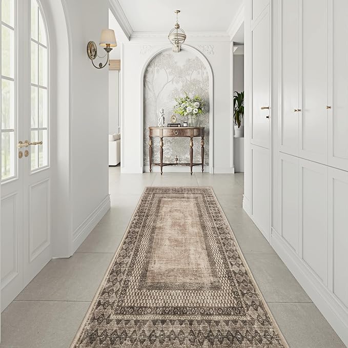 NICETOWN 2'x 6' Hallway Runner Rug, Machine Washable Thin Non-Slip 2x6 Brown Kitchen Runner Rug Soft Foldable Mysterious Tribal Bordered Indoor Mat for Kitchen Bathroom Laundry Room, Brown