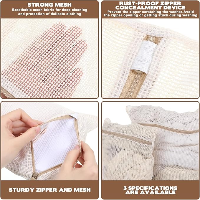 3 Pcs Cotton Mesh Laundry Bag, Sturdy Zipper Lingerie Bags for Washing Delicates, Breathable Durable Cotton Garment Bag for Washing Machine Lingerie Clothes Pants Shoes & Socks