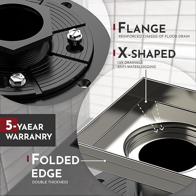 WEBANG 4 Inch Square Shower Drain Nickel Floor Drain with Flange Wave-Hole Pattern Cover Grate Removable SUS304 Stainless Steel Watermark&CUPC Certified Brushed Nickel