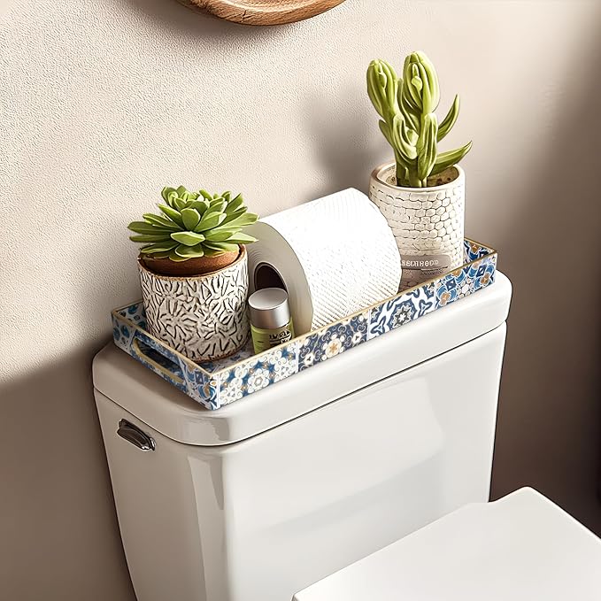 MAONAME Plastic Vanity Tray, Bathroom Counter Tray, Decorative Trays with Handles, Storage Dresser Trays Organizer for Toilet Tank, Jewelry, Makeup, 13.8" x 6" x 1.57"