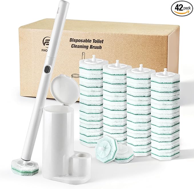 Disposable Toilet Brush with 42 Wand Refills, Wall Mounted Toilet Brush and Holder Set - Effortless Disposable Toilet Bowl Cleaner Wand (Rainforest Scent)