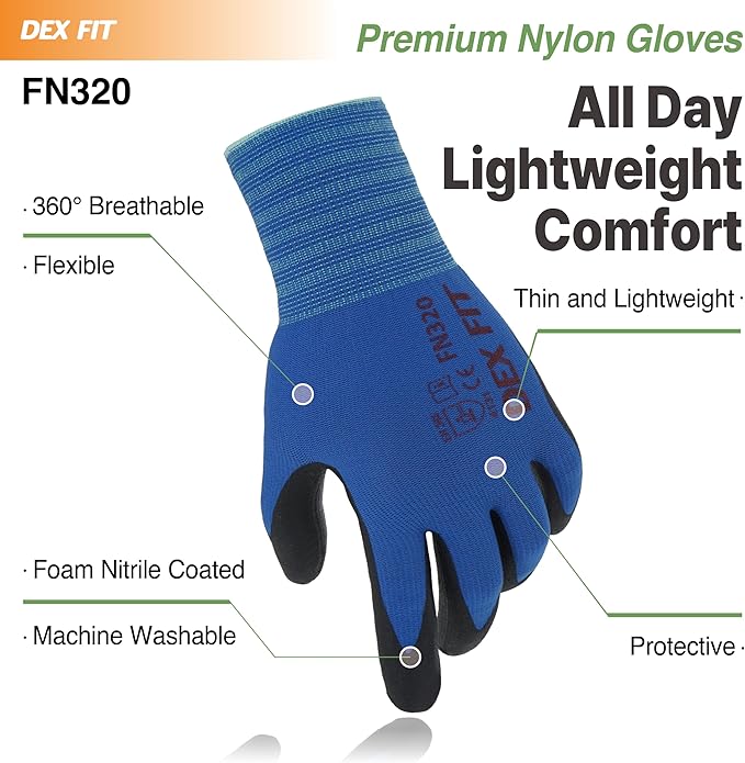 DEX FIT Nylon Work Gloves FN320, 3D Comfort Fit, Power Grip, Lightweight & Breathable, Touchscreen, Gardening, Yard Work, Warehouse, Delivery Driver Gloves; Blue 10 (XL)