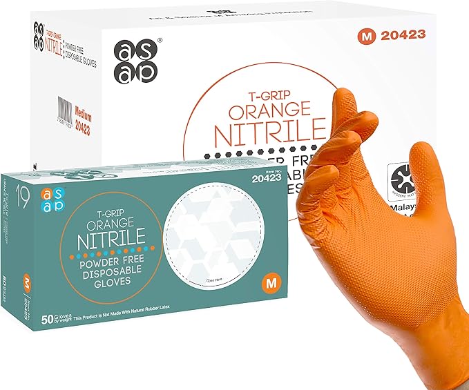 ASAP T-grip Orange Nitrile Gloves Disposable Latex Free 8 Mil, Raised Textured Grip Powder Free, Mechanic & Safety