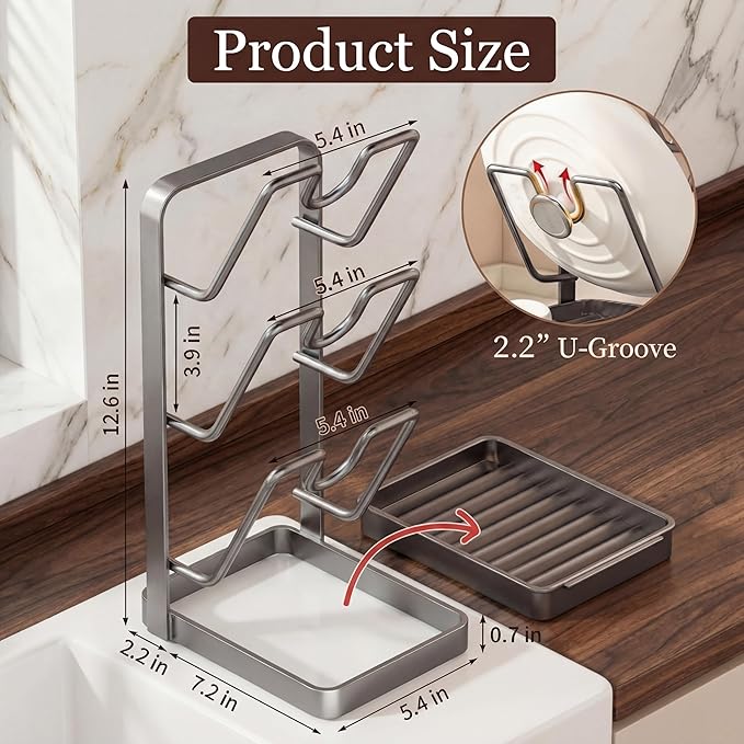 2 Pack Pot Lid Organizer Rack 6-Tier Pot Lid Holder While Cooking Carbon Steel Kitchen Cover Storage Rack Multifunctional Stand for Countertop Stove Top Cabinet Shelf Spoon