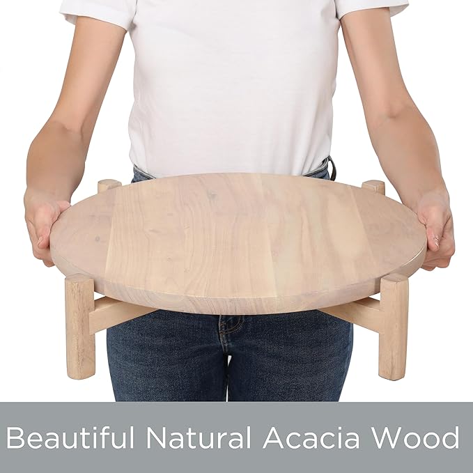 BIRDROCK HOME Elevated Lazy Susan | Rotating Acacia Wood Platter with Raised Legs | Ideal for Serving, Organizing, and Decor | Smooth 360° Rotation (White Wash, Medium)