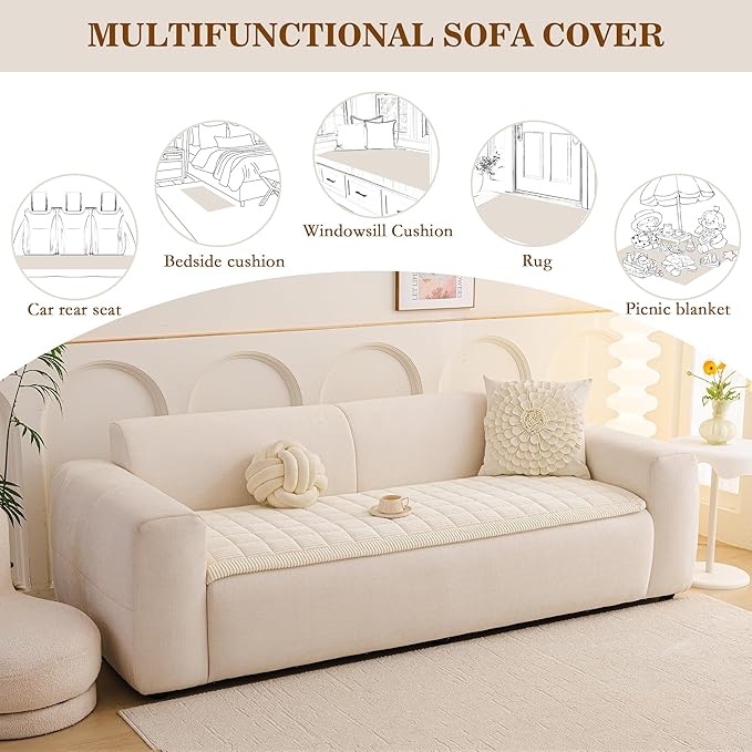 MEETSKY Couch Cover for Dog Washable, Non-Slip Pet Friendly Sofa Covers for 2 Cushion Couch Dog Mats for Couches Sofa Protector for Loveseat Soft Furniture Covers, 27.6" x 59", Cream