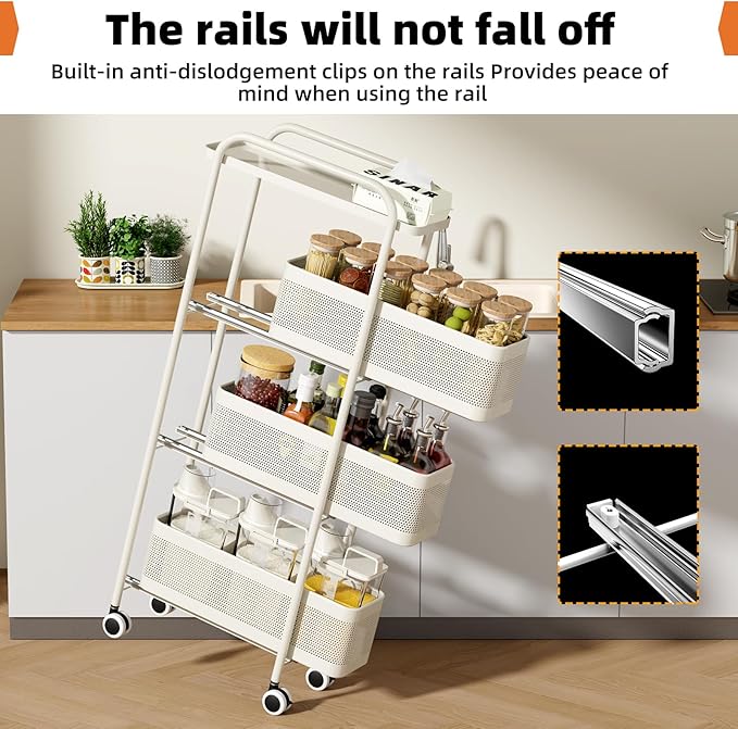 Slim Storage Cart 4 Tier with Pull Out Metal Basket Bathroom Organizer Rolling cart, Installation-Free Rolling Utility Cart Slide Out Organizer for Kitchen, Bathroom, Laundry (White, 4 Tier)