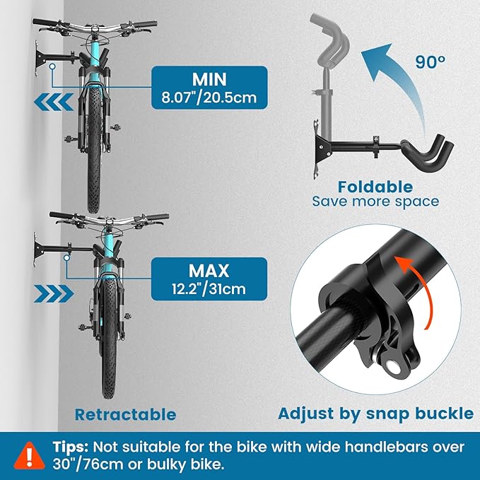 Housolution Bike Wall Mount - [1 Pack] EVA Foam Padded up to 48.5 lbs, Carbon Steel, Valve Mechanism, Heavy-Duty Adjustable Bike Wall Hanger for Road, Mountain and Hybrid Bikes, Garage & Apartment
