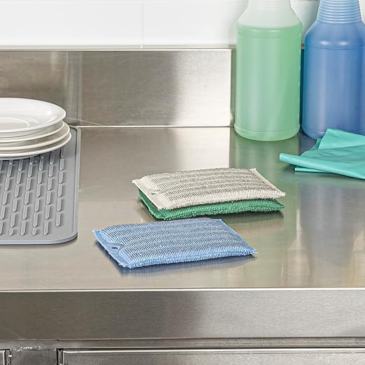 Restaurantware Scouring Pad 3 Count 5.5 x 3.9 Inches Plastic Steel Wool Sponge Metal Scrubber Durable Odor Free Scrubber Multi-Color Blue+Beige+Green Household Cleaning Sponge