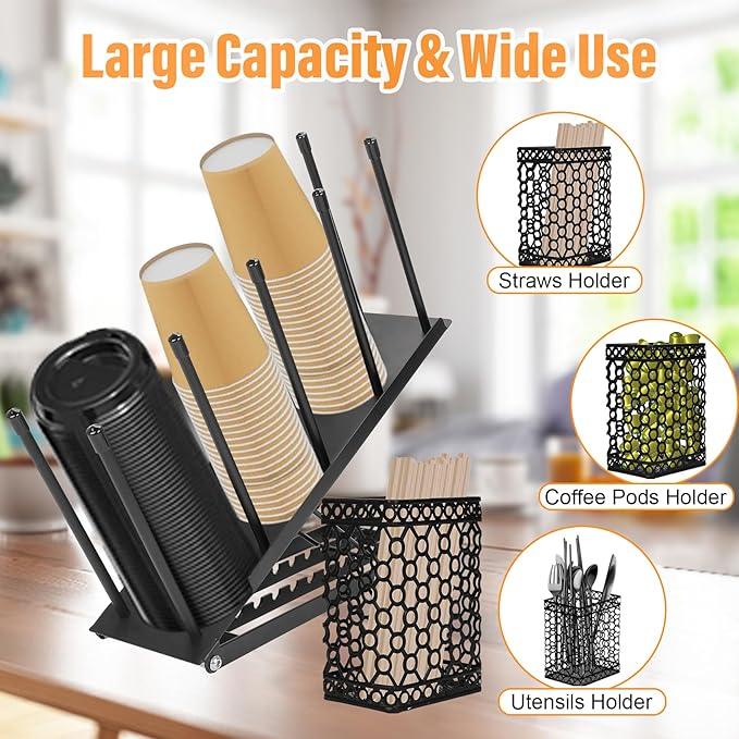 Coffee Cup Holder, Adjustable Cup Dispenser Lid Organizer Rack, 4 Compartment Disposable Paper Plastic Cup and Lid Dispenser with Straw Storage Basket for Coffee Bar Station Breakroom Countertop Black