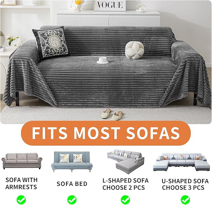 HAOMAIJIA Faux Fur Sofa Covers Couch Covers for 2 Cushion Couch Sofa Pet Friendly Soft Non Slip Couch Cover for Dogs Washable Sectional Couch Covers L Shape Furniture Protector (Grey, 71"x102")