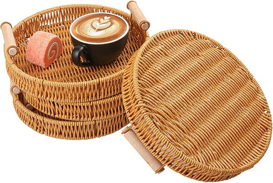 4 Pack 9.7 inch Round Rattan Tray, Round Woven Serving Basket with Handles, Storage Rattan Serving Trays for Home, Restaurant & Hotel Use, Durable & Easy-Cleaning
