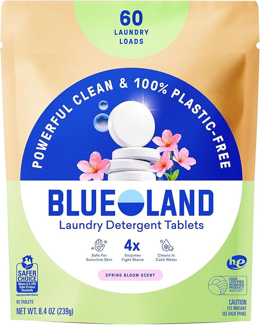 BLUELAND Laundry Detergent Tablets, 60 Count, Spring Bloom Scent, Plastic-Free Eco-Friendly Pods, Sheets, Liquid Alternative - Safe for Sensitive Skin, Gentle