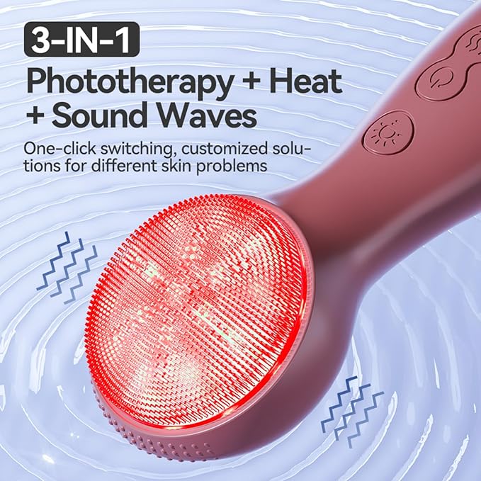Facial Cleansing Brush Electric, Silicone Heated Face Scrubber with 7 LED Lights, Rechargeable Vibration Exfoliating Cleanser for Deep Cleaning & Gentle Massage, Skin Care Tool, Ideal Gift (Purple)