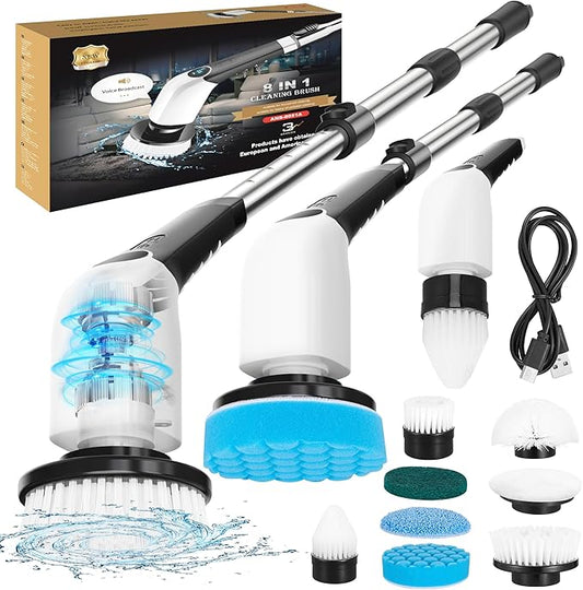Electric Spin Scrubber,Bathroom Cleaning Brush,Shower Scrubber with Long Handle 8 Replaceable Brush Heads Voice Broadcast 3 Rotating Speeds,Tub Scrubber,Cordless Power Cleaning Brushes Floor Tile