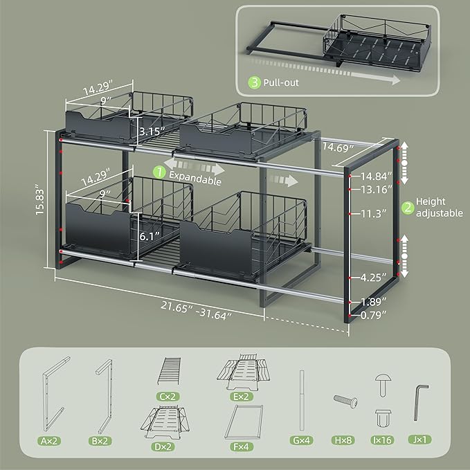 Adjustable Under Sink Organizers and Storage — Expandable Cabinet Storage Shelf with 4 Pull Out Baskets
