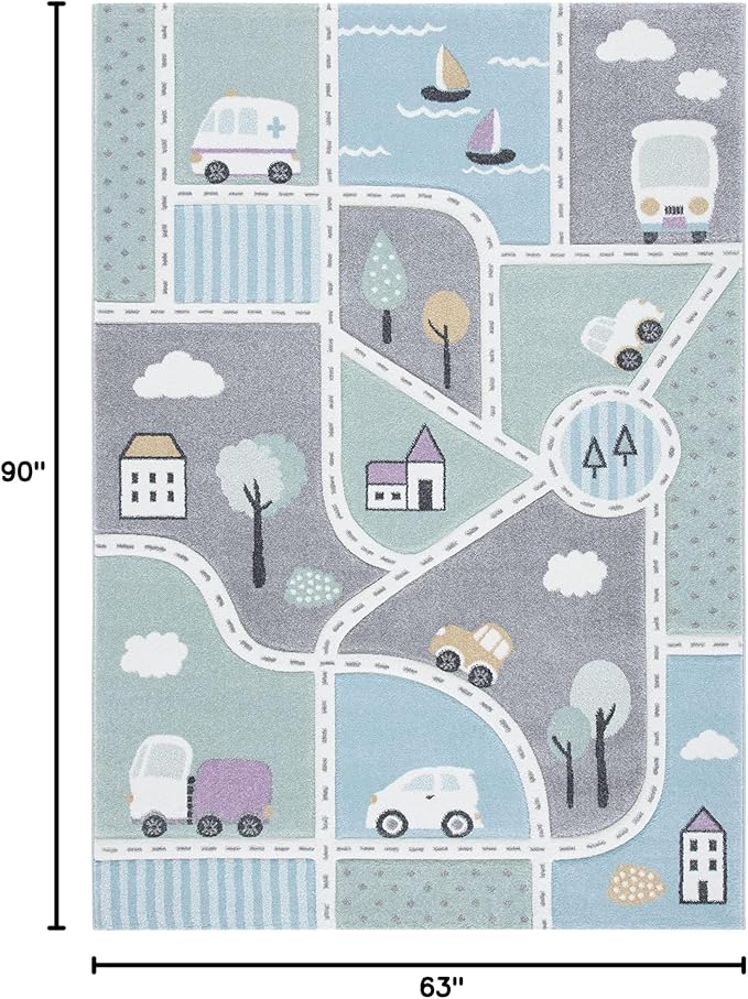 SAFAVIEH Carousel Kids Collection Area Rug - 5'3" x 7'6", Grey & Light Blue, Non-Shedding & Easy Care, Ideal for High Traffic Areas for Boys & Girls in Playroom, Nursery, Bedroom (CRK193F)