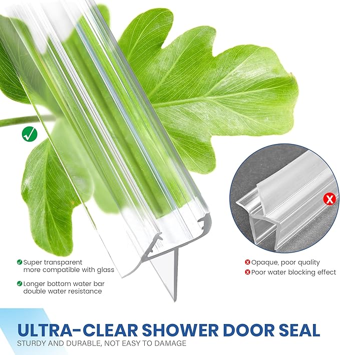 2 Pack Frameless Shower Door Bottom Seal with Long Sweep, Ultra Clear Glass Door Silicone Seal Strip (1/2'' X 36'') Suitable for 12mm Glass -Stop Shower Leaks Frameless Shower Door Seal Strip