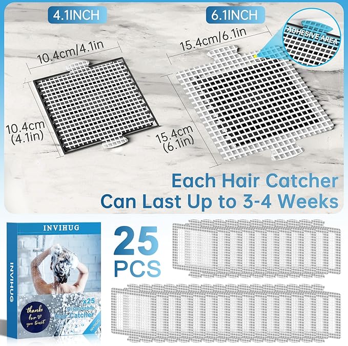 INVIHUG,25 Pack, Disposable Shower Drain Hair Catcher Mesh Stickers,Disposable Hair Drain Catcher. (4.1inch Square)