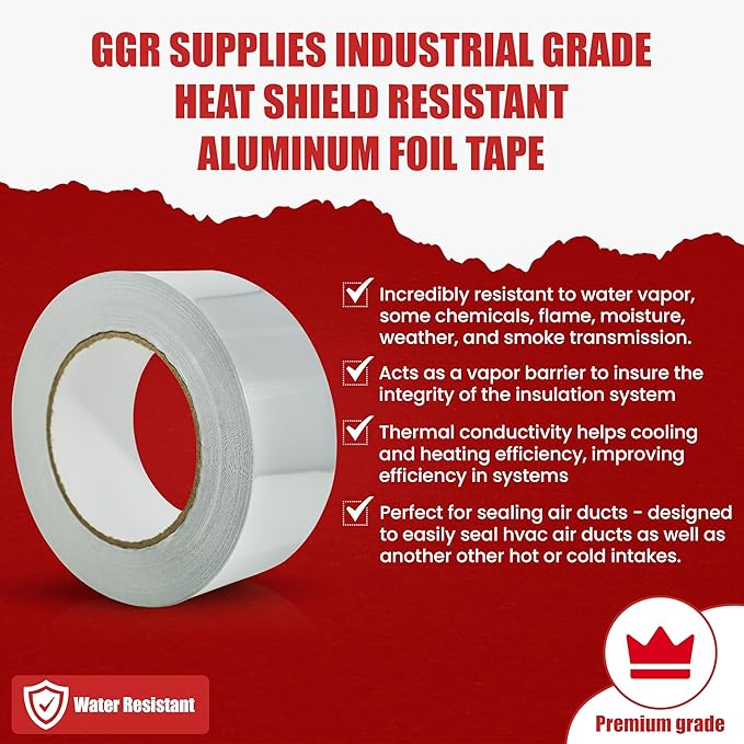 GGR Supplies AF-20R Professional/Industrial Grade High Temperature Heat Shield Resistant Aluminum Foil Tape Ideal for HVAC, Air Ducts Repair & More (3.6Mil): 2 in. Wide x 50 yds.