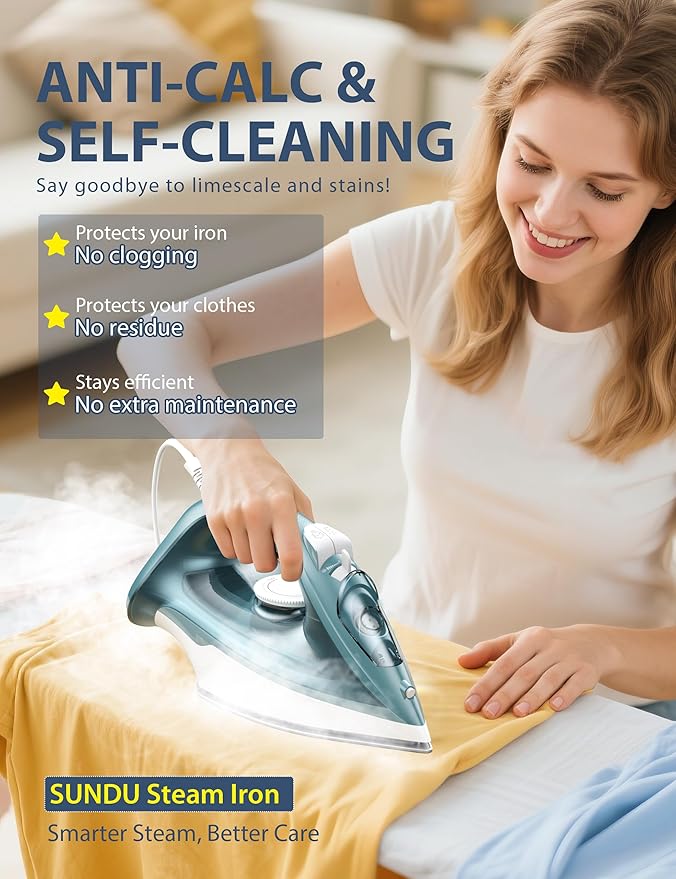 Sundu 1500W Self-Cleaning Iron for Clothes with Auto Shut-Off, Ceramic Coated Soleplate and 12oz Water Tank, Burst Steam for Fast Wrinkle Removal, Precise Thermostat, Green