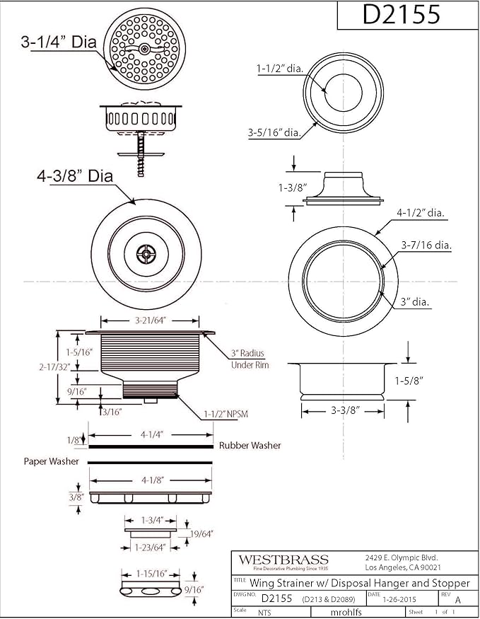 Westbrass D2155-07 Wing Nut Style Large Kitchen Basket Strainer with Waste Disposal Flange and Stopper, Satin Nickel