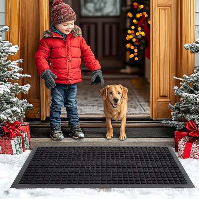 Smiry Front Door Mat Outside Entrance, Heavy Duty Natural Rubber Doormat, Non Slip, Trap Dirt and Moisture, Easy Clean, Low Profile Welcome Floor Mats for Indoor Outdoor Entry, 59x34 Inch, Black