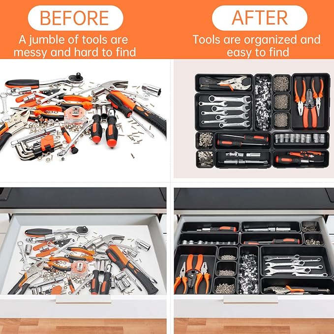 [5-Sizes] 60 Pack Tool Box Organizer Tray, Large 12'' Tools Box Organizers and Storage, for Hammer, Wrench, Screw, Small Parts Toolbox Organization, Tool Cart Chest Garage Drawer Organizer Tray, Black
