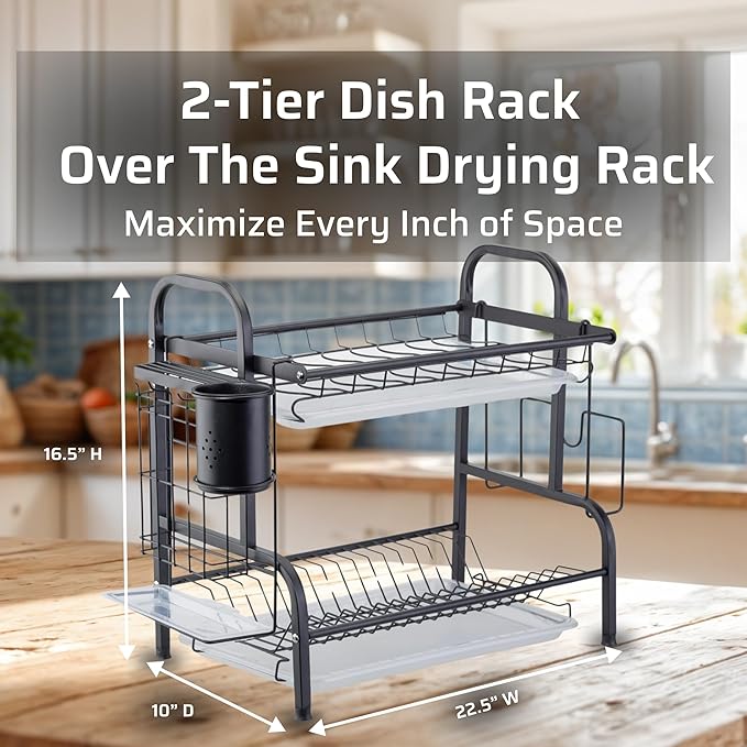 Farenheit 2-Tier Dish Rack for Kitchen Counter – Side Sink Large Black Dish Drying Rack with Utensil Holder, Sink Caddy & Cutting Board Organizer – Durable Stainless Steel Dish Strainer