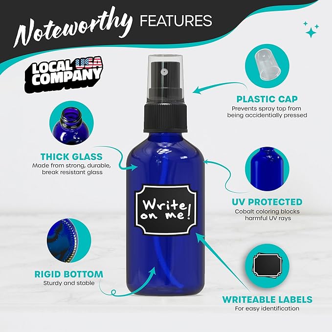 Nevlers Small Glass Spray Bottles 4 Oz 48 Pack | Cobalt Blue Bottle Set w/Labels, Marker, Brush, Funnel & Shrink Wrap | Mini Spray Bottle for Oil | Practical Plant Spritzer & Glass Cleaning Bottles
