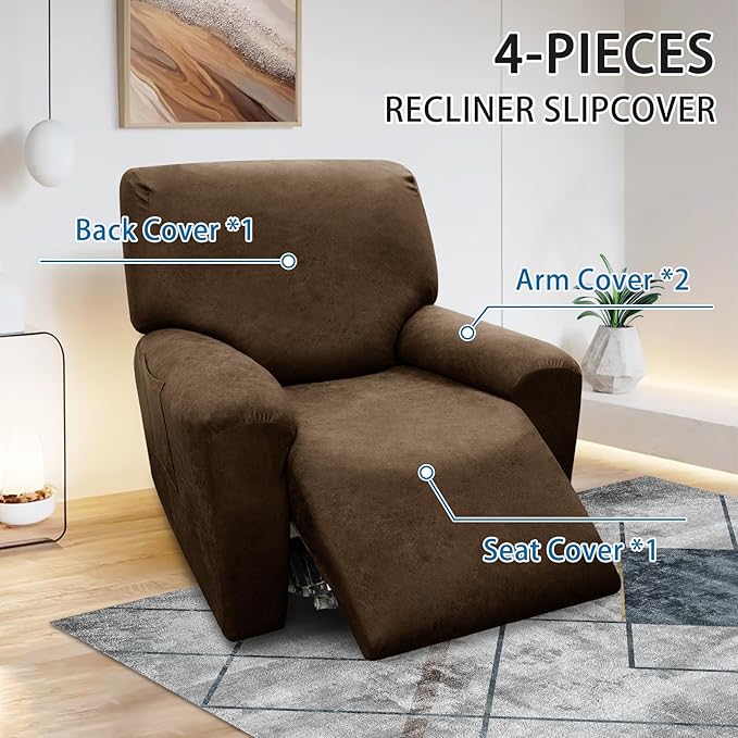Chair Covers 4-Pieces Recliner Chair Covers 1 Seater Cover for Recliner Chair Leather Look Recliner Slipcovers with Pockets Spandex Fabric Furniture Covers(Recliner, Dark Brown)