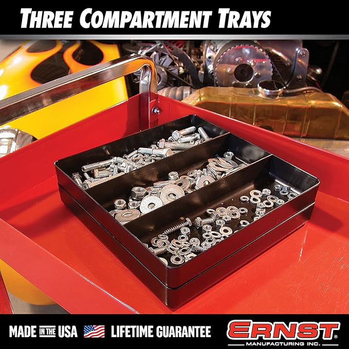 ERNST MFG Tool Garage Organizer Tray, Red, 3-Compartments - Made in the USA