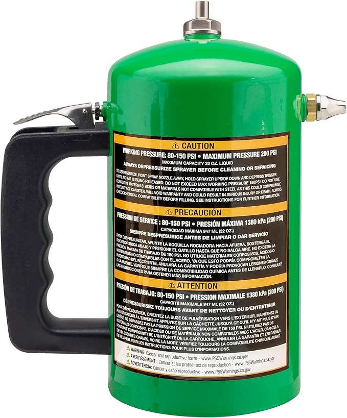 Powerbuilt 1 Quart Refillable Non-Aerosol Pressurized Sprayer for Oil, Lubricants, Degreasers - 32oz Canister with Brass Nozzles & Stainless-Steel Corrosion Resistant Inner Lining (Green) - 643101ECE