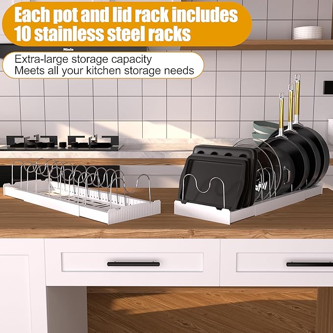 2 Pack Pots and Pans Organizer Racks Inside Cabinet, Expandable Pot & Food Container Lids Holder, Include 20 Stainless Steel Racks & White Plastic Base, Perfect for Kitchen & Countertop