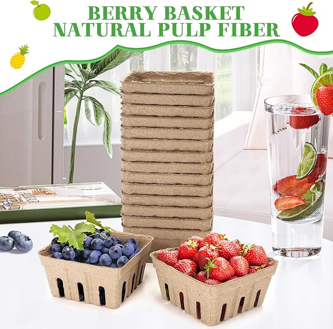 20 Pack Natural Pulp Fiber Berry Basket,Small Molded Produce Vented Basket Kitchen Supplies for Strawberry Blueberry Raspberry, Fruit Tray for Fruit Vegetable Farmer Market Grocery(1Pint)