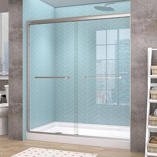 GETPRO Semi-Frameless Shower Door Double Sliding 68-72 in. W x 72 in. H Bypasss Bathroom Glass Shower Sliding Doors,1/4 inch Clear Tempered Glass Door for Walk-in Shower Brushed Nickel