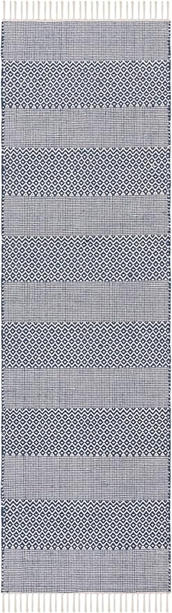 SAFAVIEH Montauk Collection Runner Rug - 2'3" x 14', Ivory & Navy, Handmade Flat Weave Boho Farmhouse Cotton Tassel Fringe, Ideal for High Traffic Areas in Living Room, Bedroom (MTK330B)