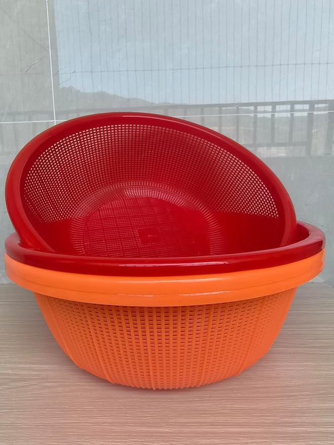 4 Pcs Large Plastic Wash Basket Round Perforated Colander Wash Vegetables and Fruits Drain Cooked Pasta Kitchen Essentials Food Strainer Basket Strainer Kitchen Red Orange color