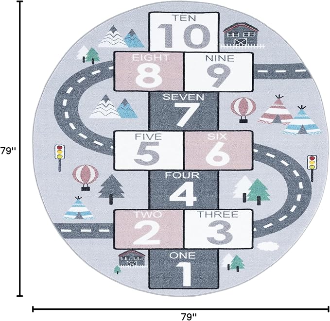 SAFAVIEH Washable Rug Kids Playhouse Collection - 6'7" Round, Grey & Pink, Slip Resistant & Easy to Clean, Ideal for Kids Room, Playroom, Nursery, Boys & Girls Room (KPH226A)