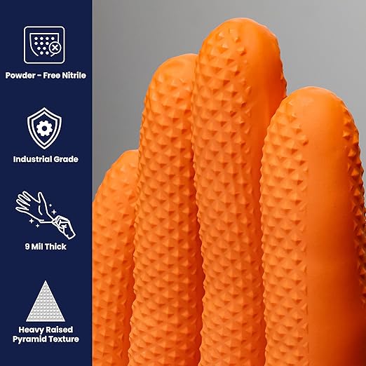 Adenna ProWorks CATCH Disposable Nitrile Gloves – 9 Mil, Heavy Duty Work Rubber Glove with Raised Pyramid Grip, Non–Latex & Powder Free, Pack of 100, Medium, Orange