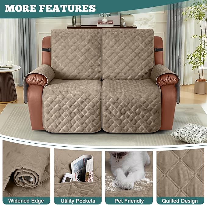 Ruaozz Waterproof Recliner Sofa Covers, 1-Piece Couch Covers for Reclining Couches Reclining Couch Cover Washable Furniture Protector with Elastic Straps Pocket for Kids Pets (Khaki, XL 2 Seater)