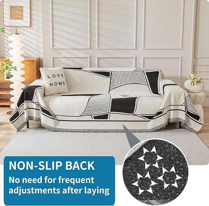 HAOMAIJIA Non Slip Couch Cover Sofa Covers for 2 Cushion Couch Washable sectional Couch Covers for Dogs pet Furniture Protector Couch Cover Blanket for Living Room (Black-Cream, 71"x118")