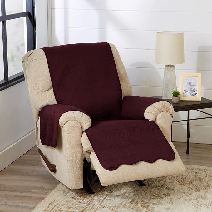 Reversible Recliner Chair Cover - Washable Slipcover Furniture Protector with Elastic Straps - Furniture Cover for Dogs, Kids, and Pets - Quilted & Stitched Detail (Recliner, Wine / Light Grey)