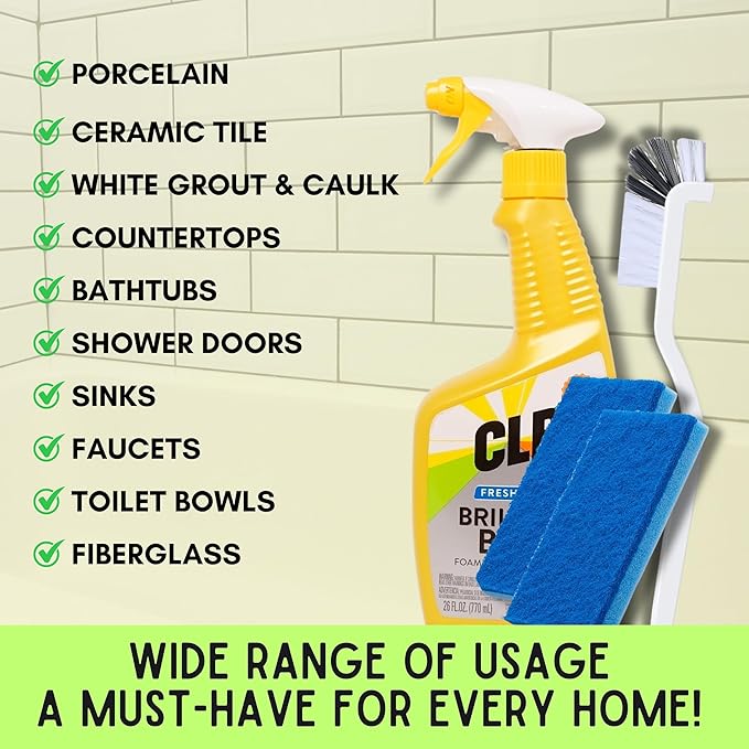 CLR Brilliant Bath 26oz | Calcium Lime Rust Remover Bathroom Cleaner Kit | Excellent CLR Brilliant Bath Kitchen & Bathroom Cleaning Kit With Two Scrubber Sponges & Grout Brush